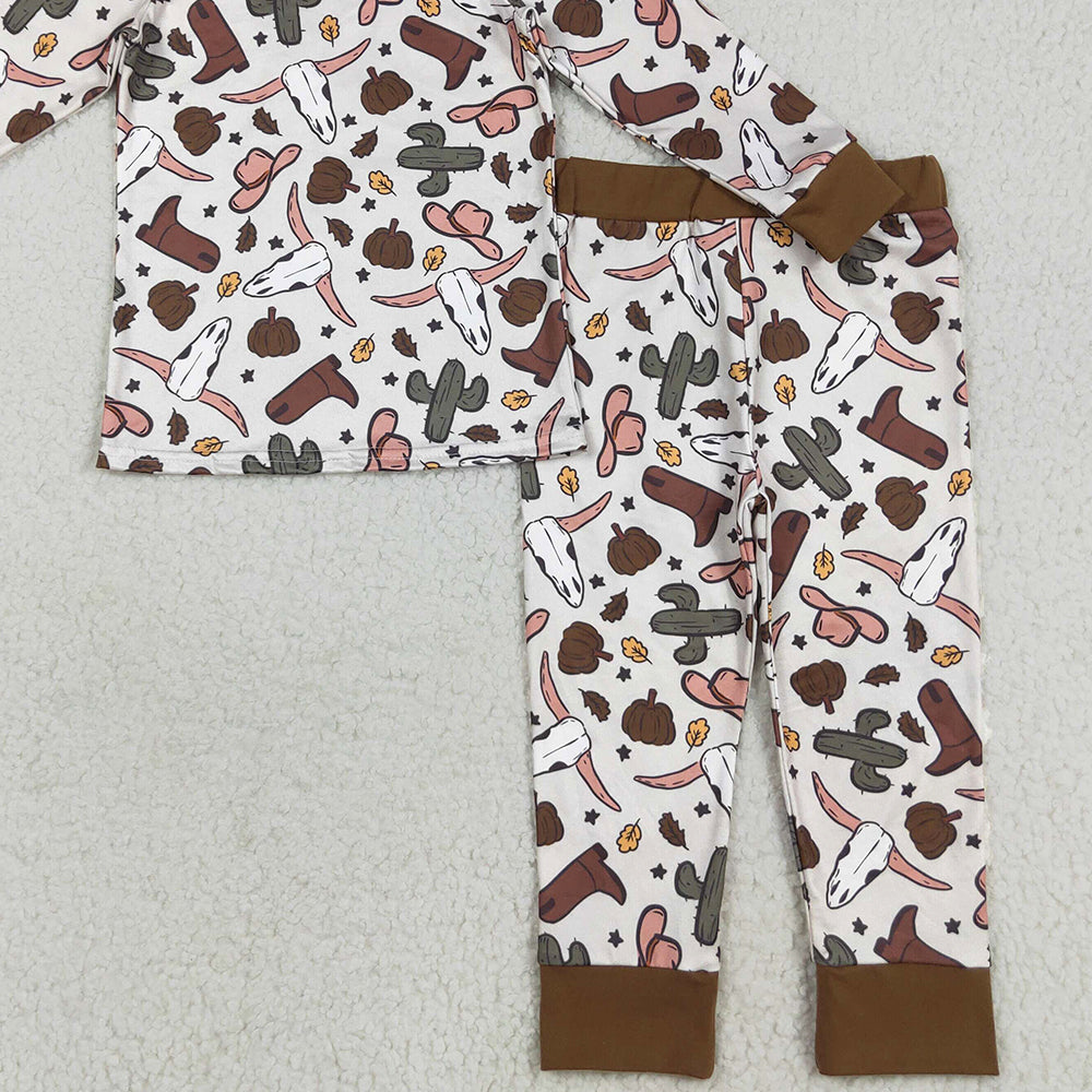 RTS NO MOQ （In stock）BLP1141 Baby Boys Winter Outfits Baby Boys Brown Western Bull Skull Cactus Top Pant Pajamas Sets