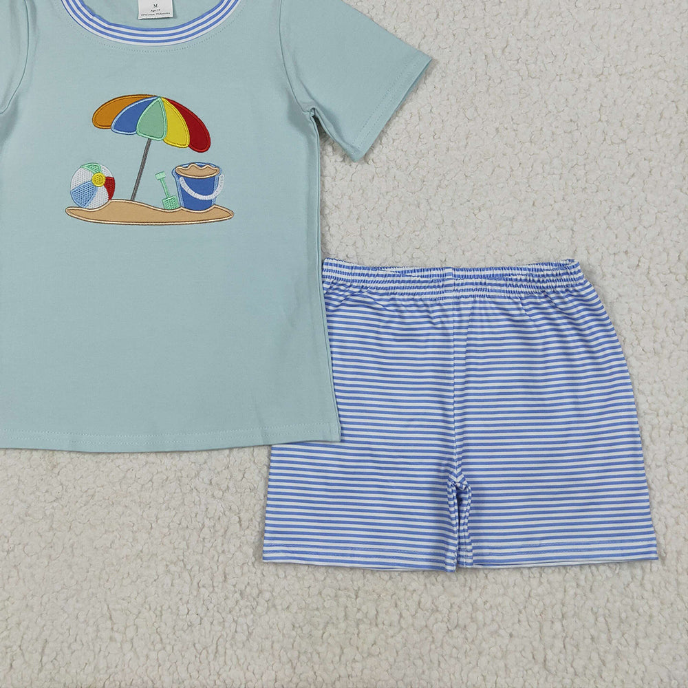 8.18   BSSO1485 RTS NO MOQ Baby Boys Summer Boys Outfits Embroidery Baby Boys Short Sleeves Beach Top Blue Stripe Short Set