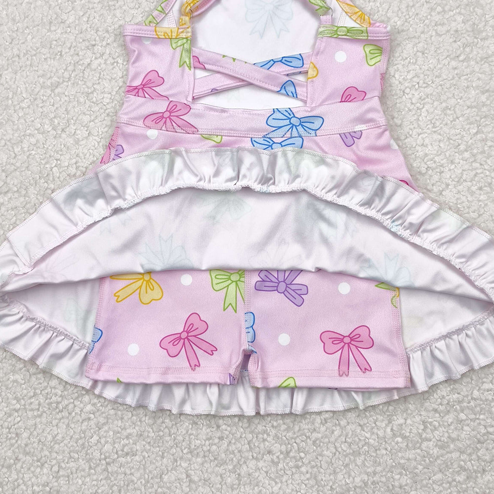 4.09 GSD2294RTS NO MOQ Baby Girls Summer Dress Straps pink polka dots bow ruffle kids girls athletic dress
