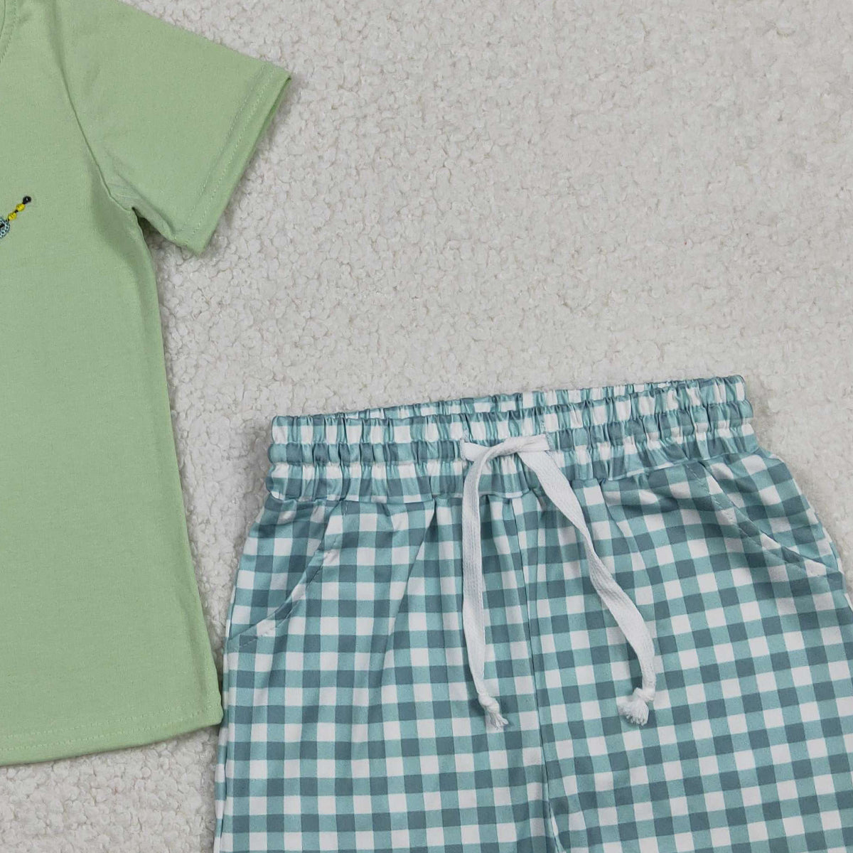 12.15 RTS NO MOQ （In stock）BSSO1621 Embroidery Fishing Baby Boys Top Checked Pockets Shorts Hunting Clothes Sets