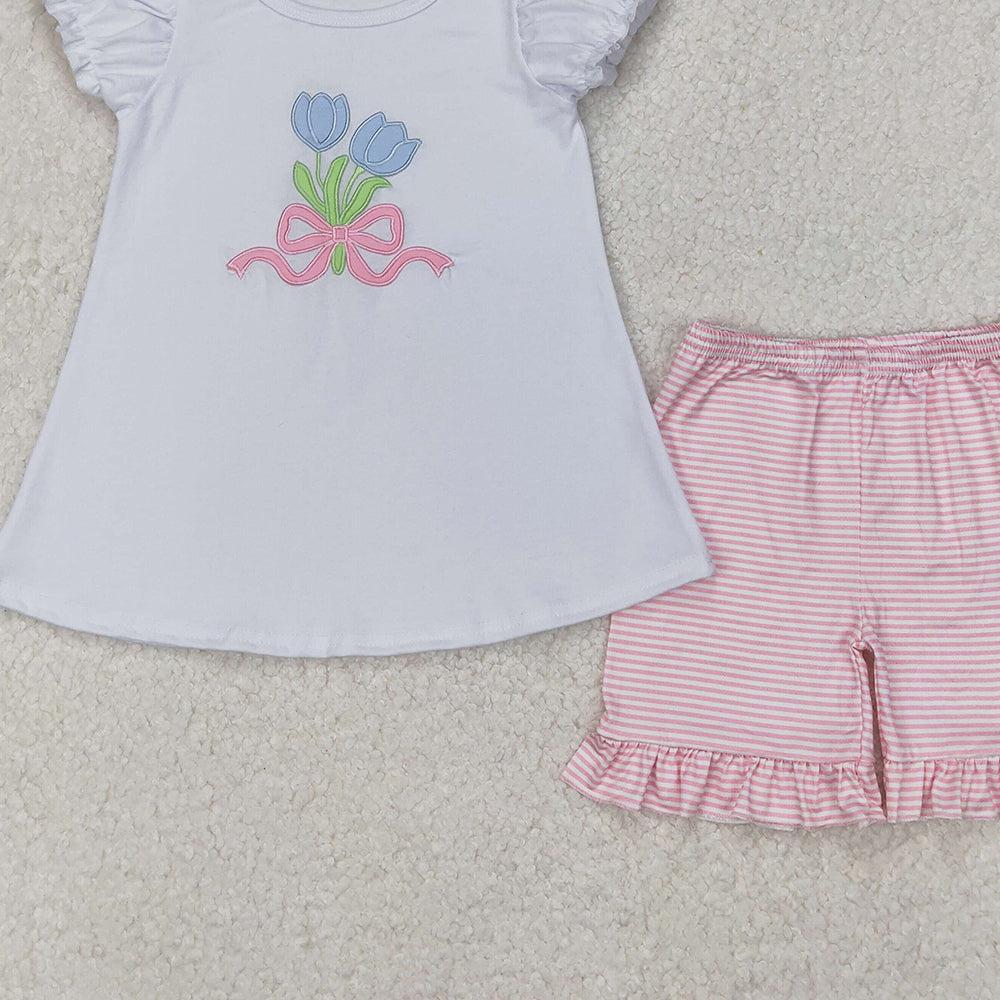 4.08 GSSO2275 RTS NO MOQ White short sleeves tulip top pink stripe shorts girls clothes