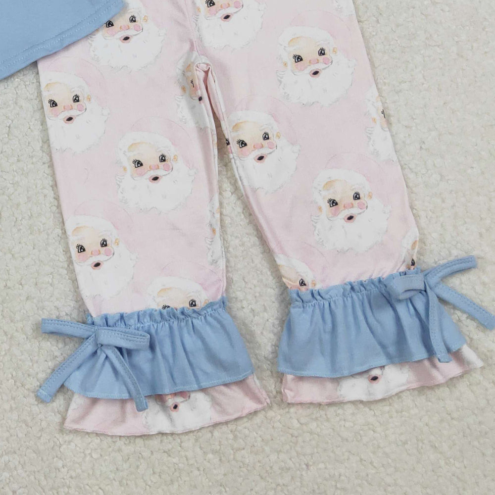 RTS NO MOQ （In stock）GLP1226 Baby Girls Winter Outfits Light Blue Santa Tunic Pants Set Girls Christmas Outfit Holiday Costume Children's Clothing