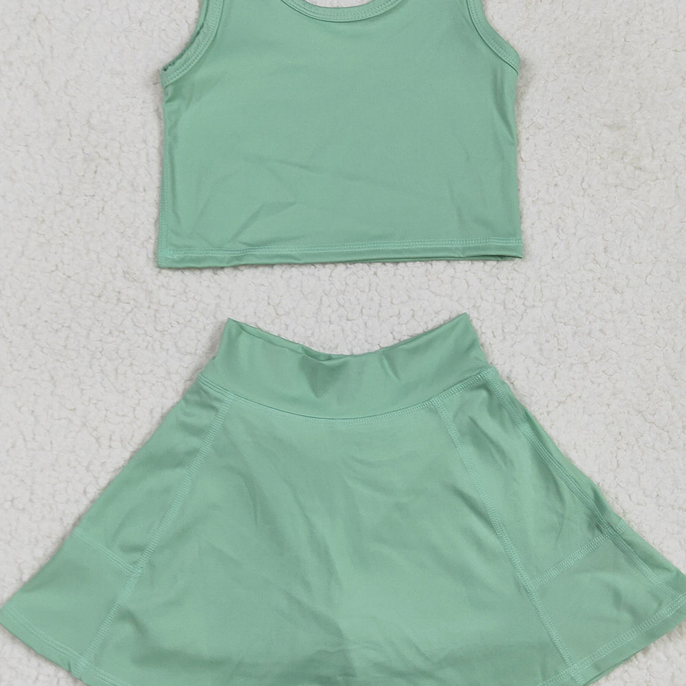 7.16  GSD1984 RTS NO MOQ Baby Girls Yoga Outfits Baby Girls Green Vest Top Sports Skorts Clothes Sets