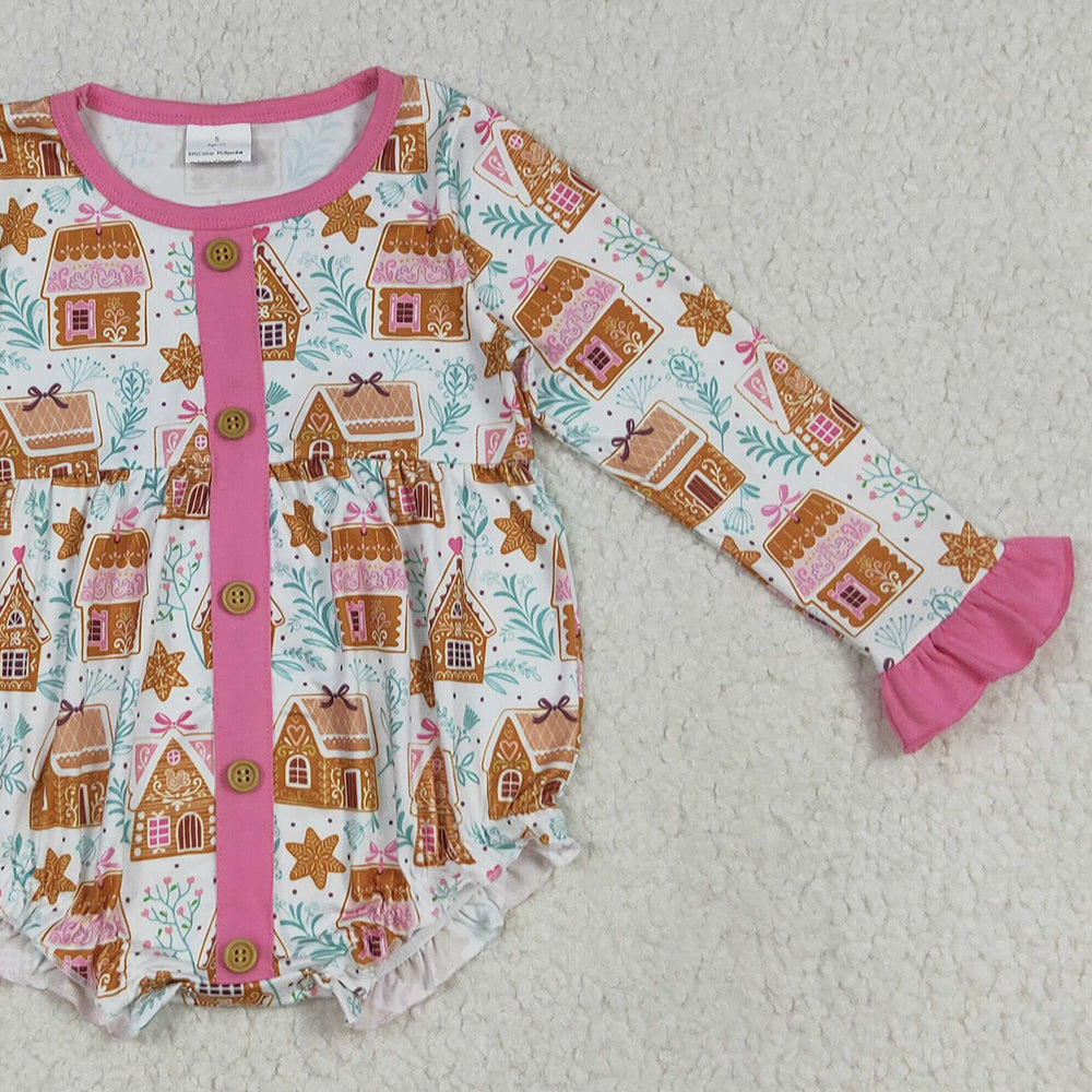 RTS NO MOQ （In stock）LR2282 Baby Girls Winter Rompers Baby Girls Christmas Pink Houses Snowflake Button Ruffle Rompers