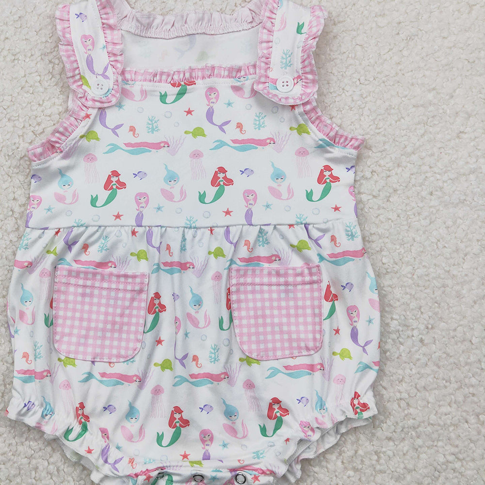 4.14 SR2880 RTS NO MOQ Baby Girls Summer Rompers  Sleeveless plaid pockets octopus fish turtle baby girls romper