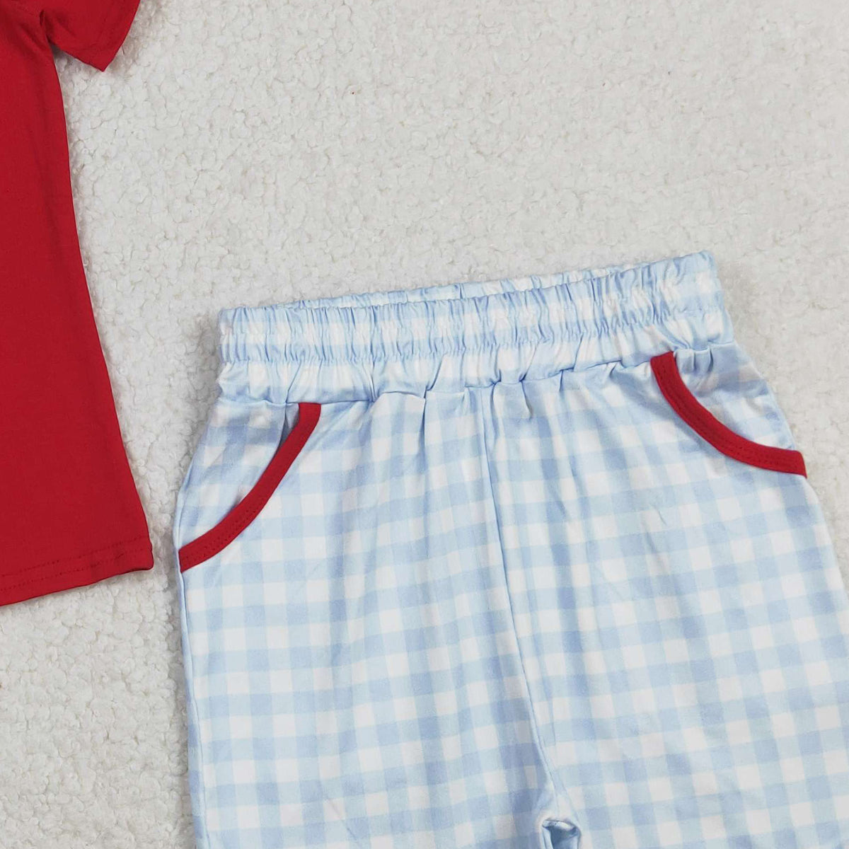 3.10 RTS NO MOQ （In stock）BSSO1819 Children's Fashion Set Baby Boys Back to School Embroidery Pencils Checked Pockets Short Clothes Sets