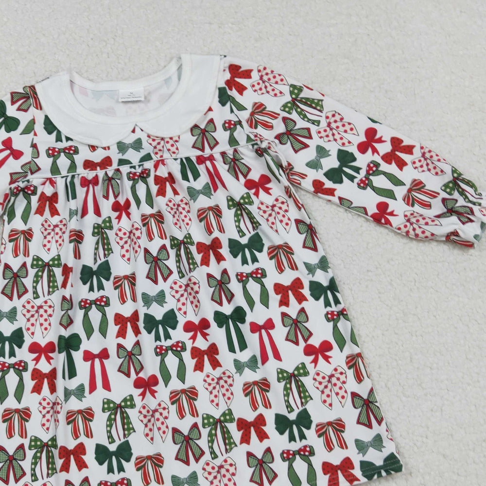 RTS NO MOQ （In stock）GLD1237 Baby Girls Winter Dress Baby Girls Green Red Bows Plaid Christmas Knee Length Dresses