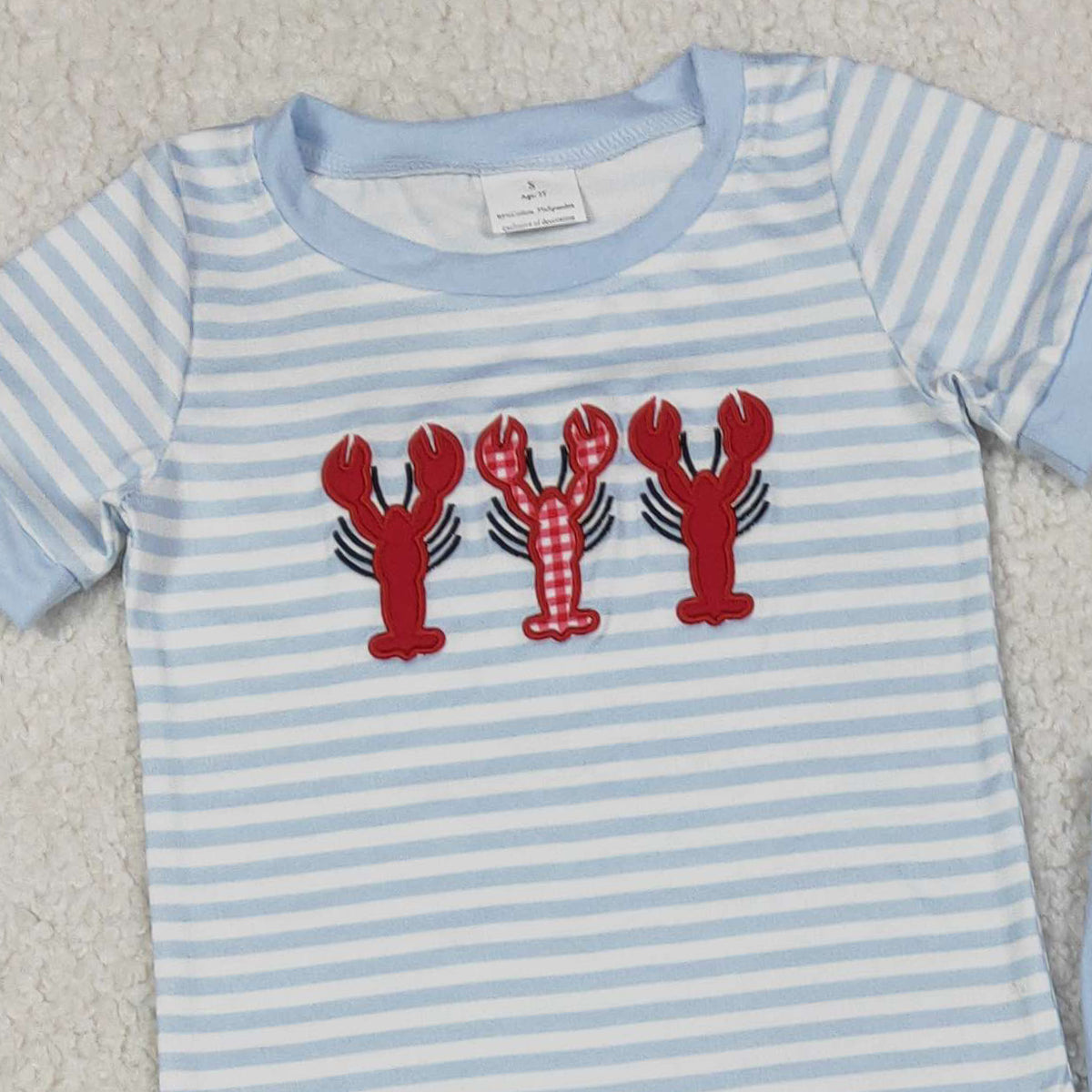 12.17 RTS NO MOQ （In stock）BSPO0616 Embroidery Crayfishes Baby Boys Blue Stripe Top Pockets Leggings Clothes Sets