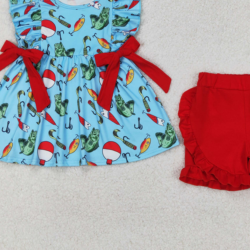 4.12 GSSO2097 RTS NO MOQ Baby Girls Blue Sleeveless Fishes Red Bows Tunic Ruffle Short Hunting Set