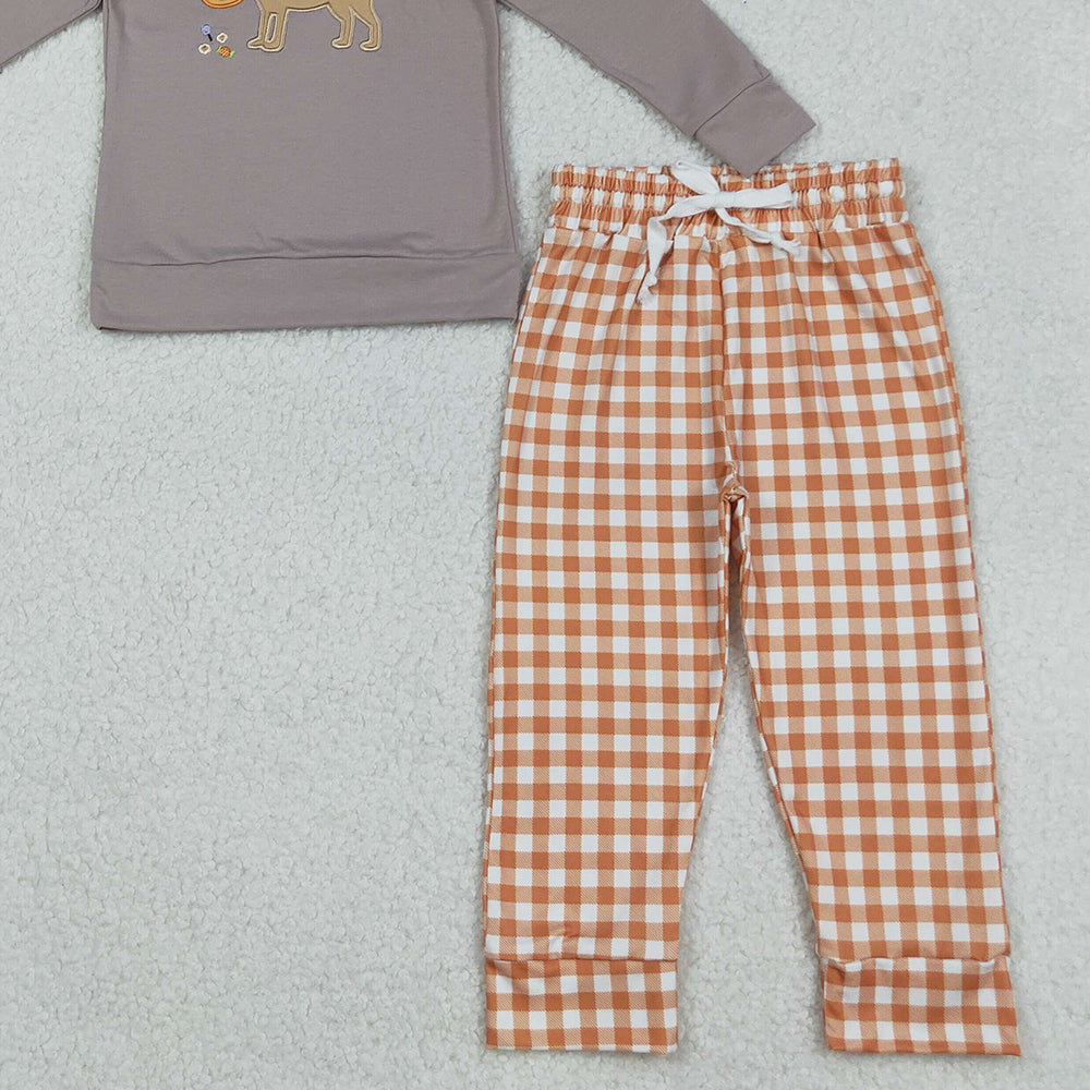 RTS NO MOQ （In stock）BLP1098 Baby Boys Winter Outfits Halloween Ghost And Pumpkins Dog Top with Orange Plaid Pants Outfit
