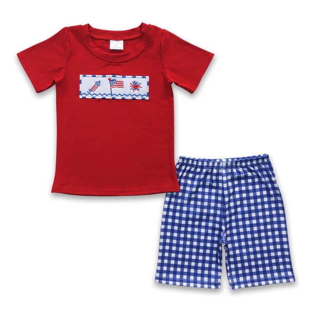 RTS Sibling Flad firework embroidery kids boy 4th of july outfits