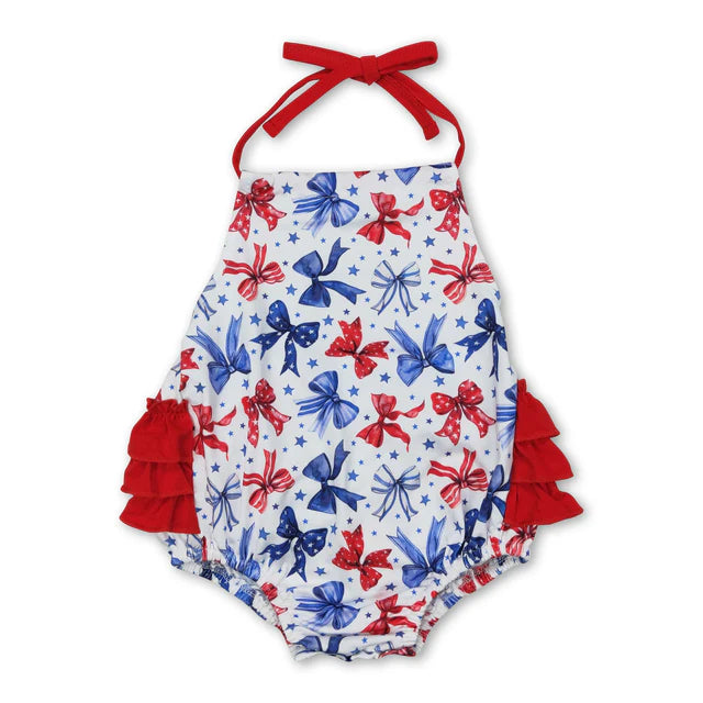 RTS Sibling Straps bow flag baby girls 4th of july romper