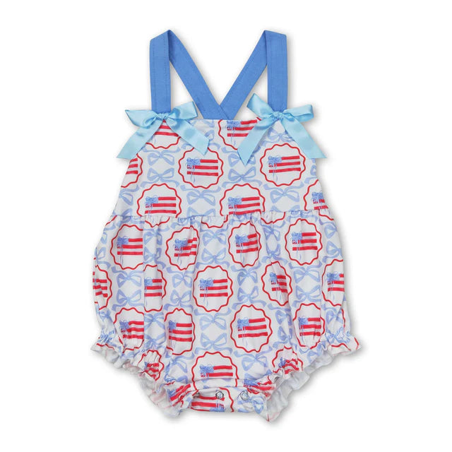 RTS Sibling Straps bow flag baby girls 4th of july romper