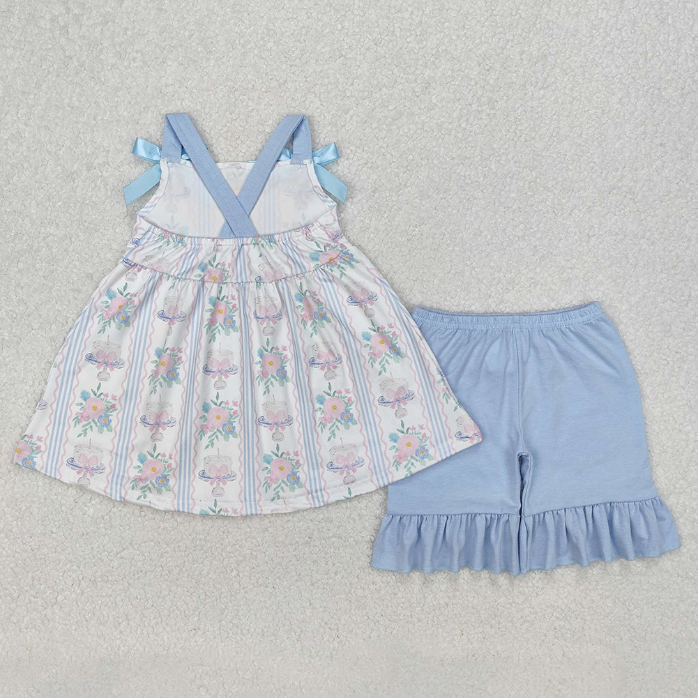 GSSO2087Light Blue Straps Floral Cake Bow Girls Birthday Clothes Cute Feminine Design for Children's Party Outfit