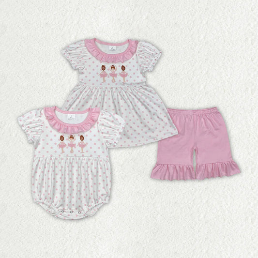 12.13 RTS Sibling Baby Girls Pink Dots Dance Rompers Outfits Sets