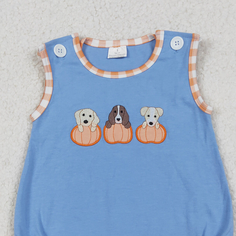 RTS NO MOQ （In stock）SR3190 Baby Boys Summer Rompers Embroidery Dogs Pumpkins Blue Sleeveless Fall Rompers