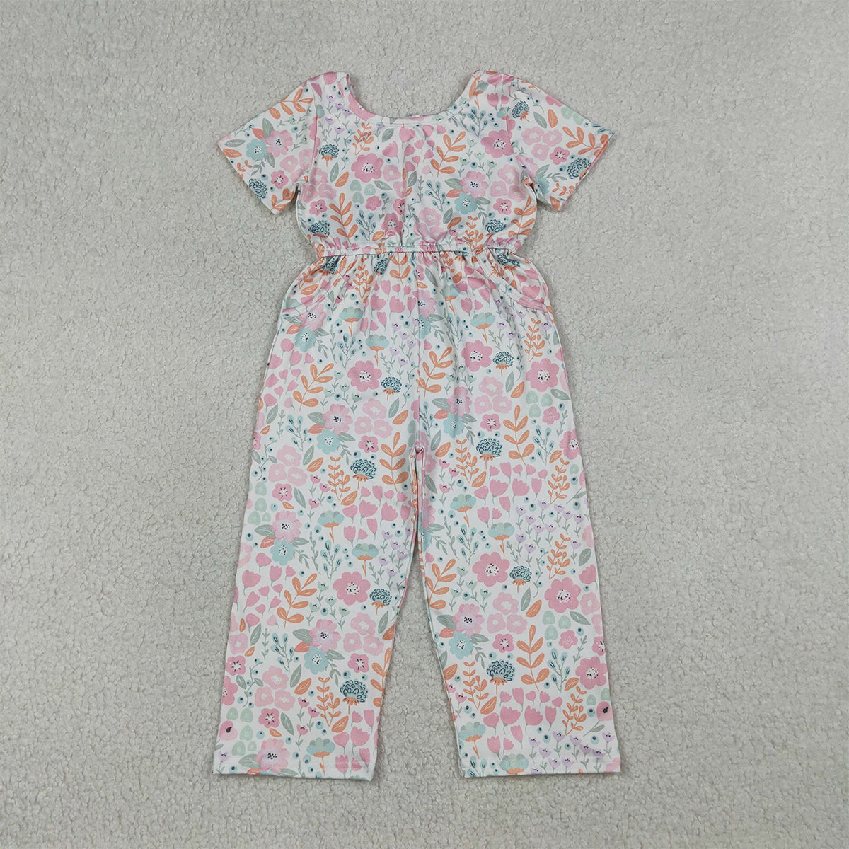 4.7 SR3987 RTS NO MOQ （In stock) Short sleeves pink floral pockets kids girls jumpsuit