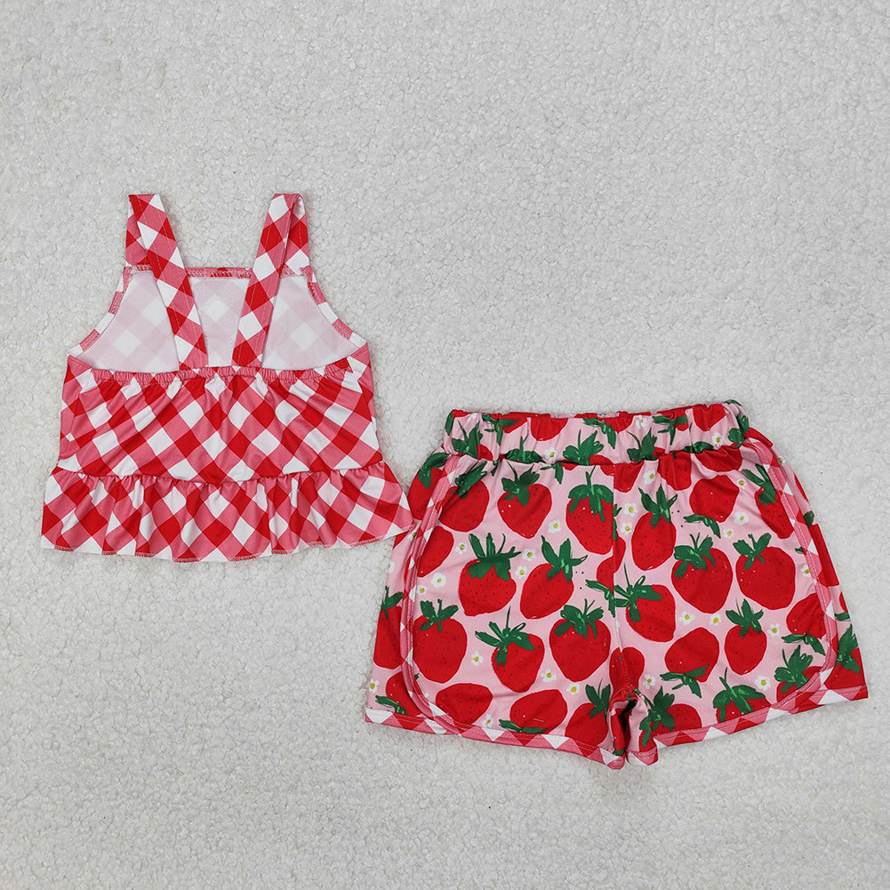 GSSO2037 New Rts No Moq 8-9 Days By Air Arrived it Red plaid peplum strawberry shorts kids girls summer outfits