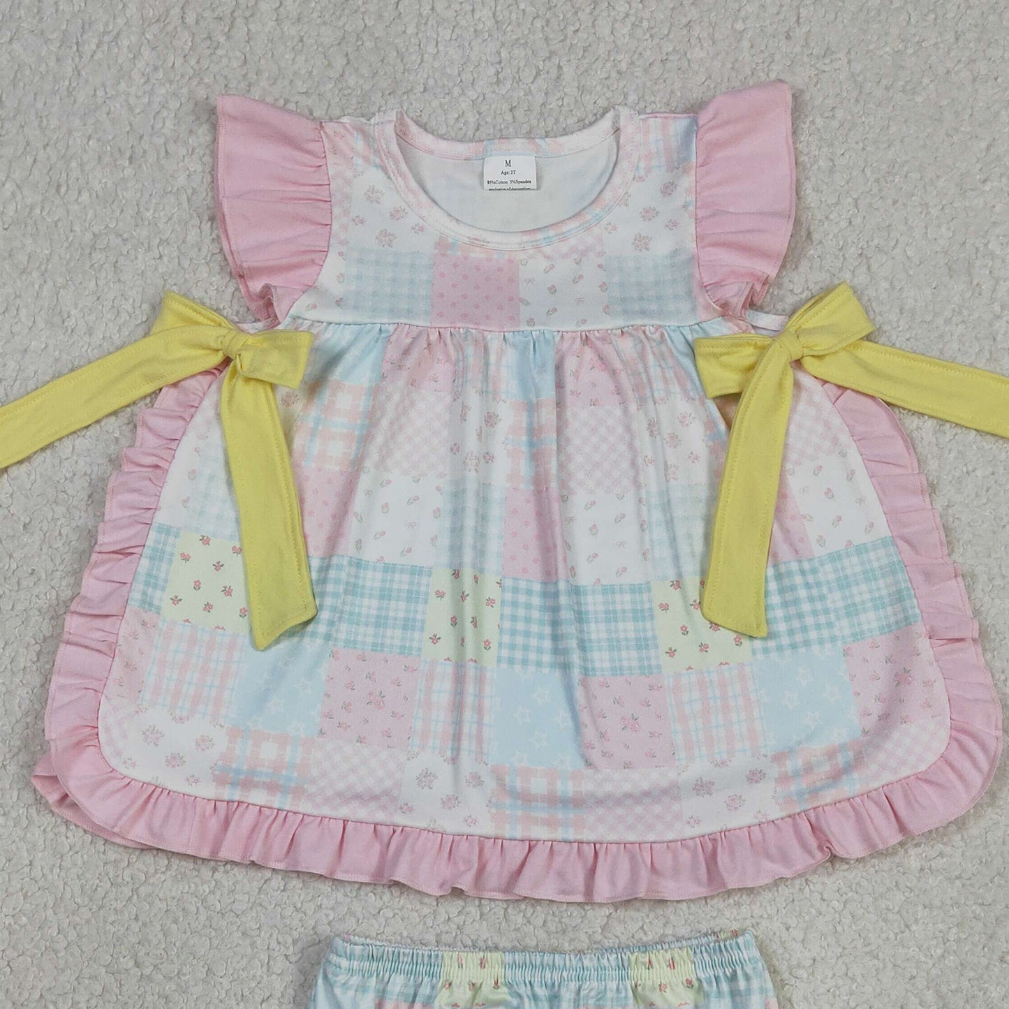 GBO0513 RTS NO MOQ （In stock）Pink flutter sleeves floral bow tunic bummies girls outfits