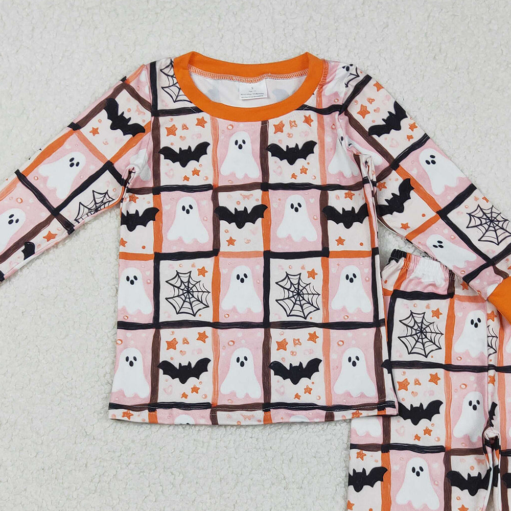 RTS NO MOQ （In stock）GLP2682 Baby Girls Winter Outfits Ghosts Bats Plaid Top Pants Halloween Pajamas Set