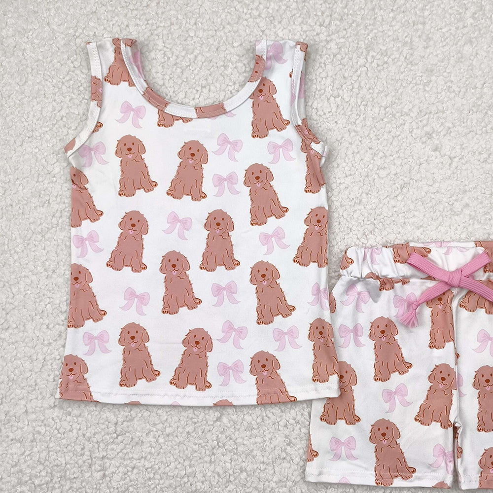 7.19  GSSO2475RTS NO MOQ Baby Girls Outfits baby girl clothes yoga puppy bow sleeveless shorts set