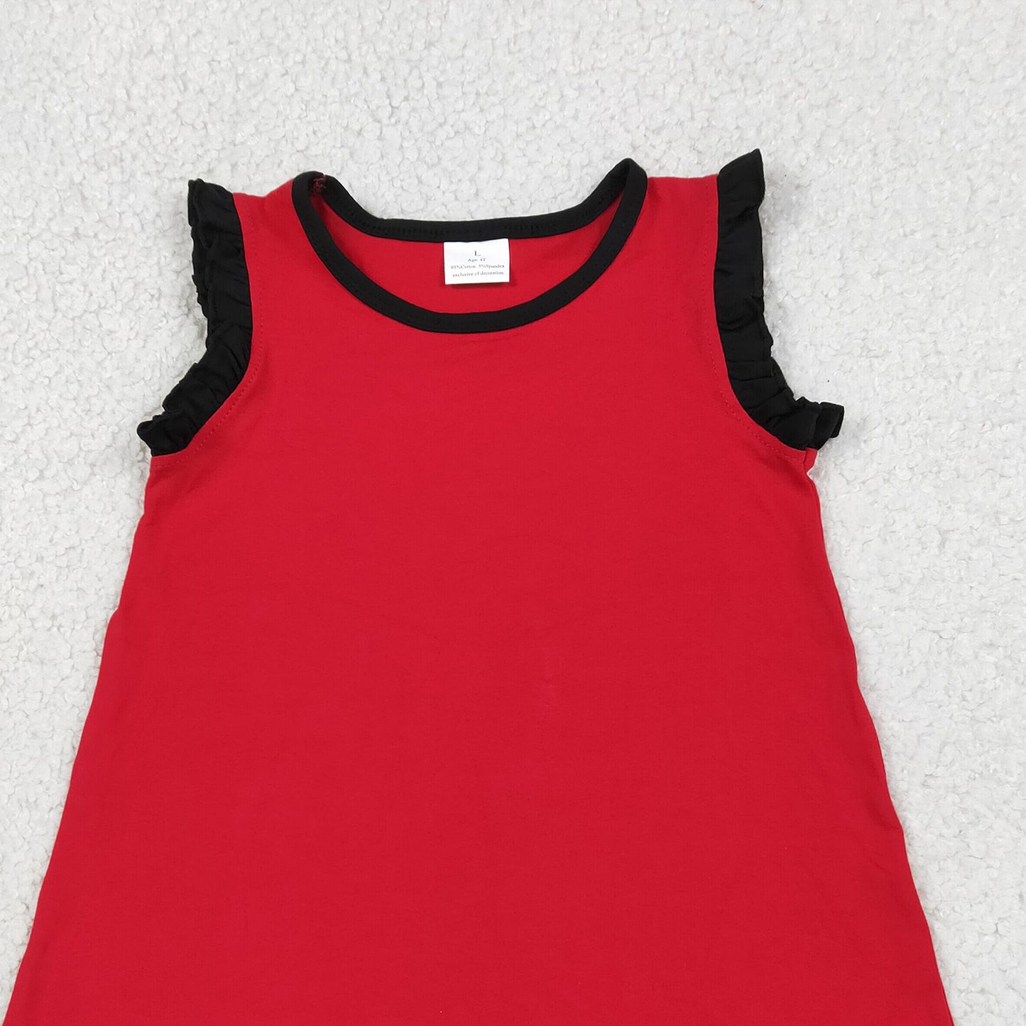 GSD4057 RTS NO MOQ （In stock）Black scallop ruffle sleeveless red girls cotton team dress