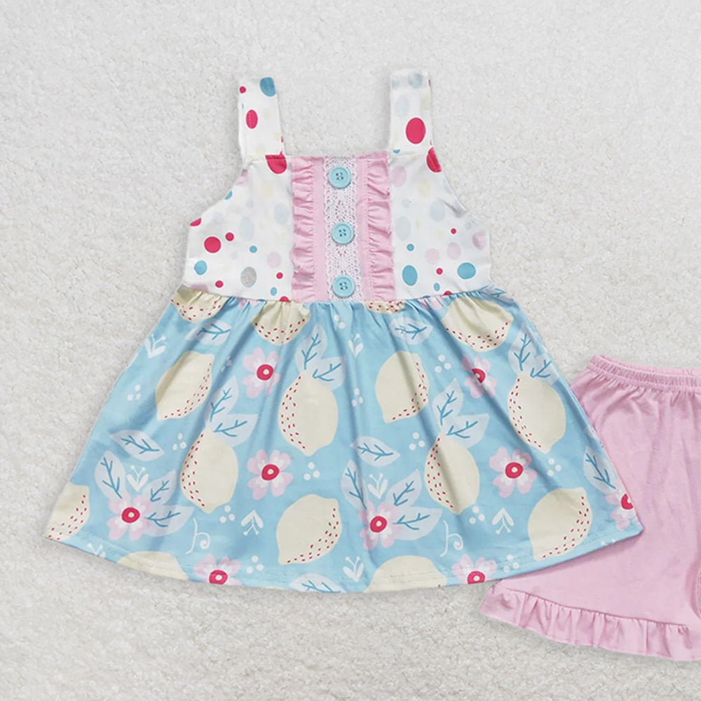 GSSO1133 RTS NO MOQ  Baby Girls Summer OutfitsLemon flower sleeveless pink shorts set