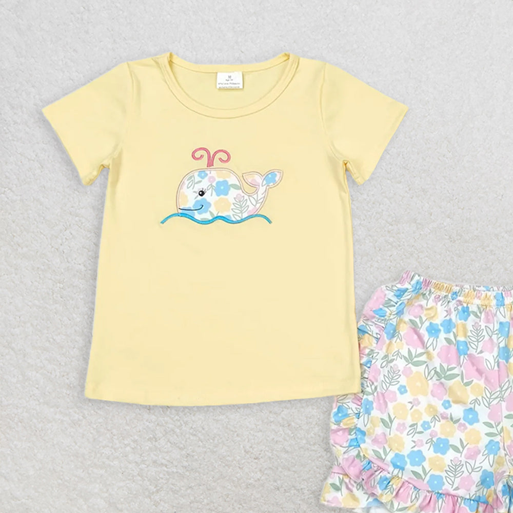 GSSO0765RTS NO MOQ Baby Girls Summer Outfits  Embroidered flower whale yellow short-sleeved shorts set