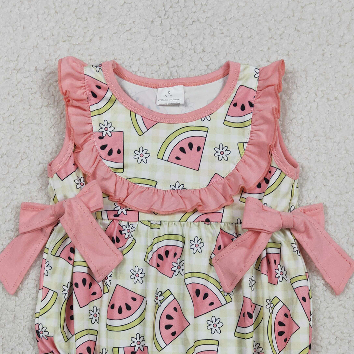 3.3 RTS NO MOQ （In stock）SR3920 Children's Fashion Romper Baby Girls Sleeveless Green Checked Watermelons Ruffle Rompers
