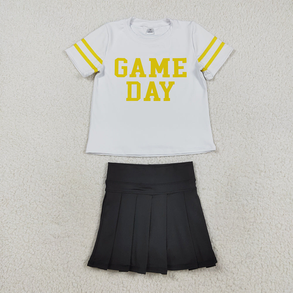 RTS NO MOQ （In stock）GT1115+GLK0087 Baby Girls Summer Outfits Baby Girls White gold short sleeves game day kids girls activewear top Black Yoga Active Wear Pleated Skirts Sets
