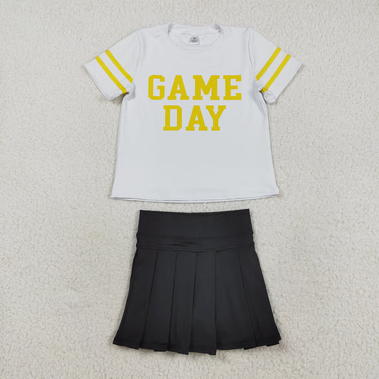 RTS NO MOQ （In stock）GT1115+GLK0087 Baby Girls Summer Outfits Baby Girls White gold short sleeves game day kids girls activewear top Black Yoga Active Wear Pleated Skirts Sets