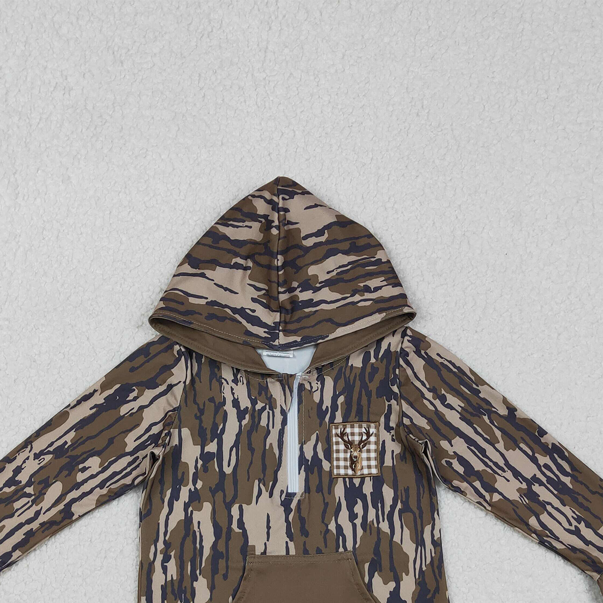 11.11 RTS NO MOQ （In stock）GT1135 Embroidery Deer Baby Girls Olive Camo Pocket Zipper Hunting Hoodies Top