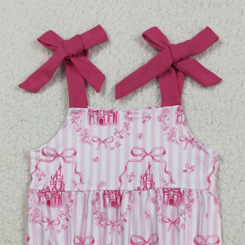 RTS NO MOQ （In stock）SR3077  Baby Girls Summer Rompers Baby Girls Pink Bows Strap Castles Ruffle Rompers