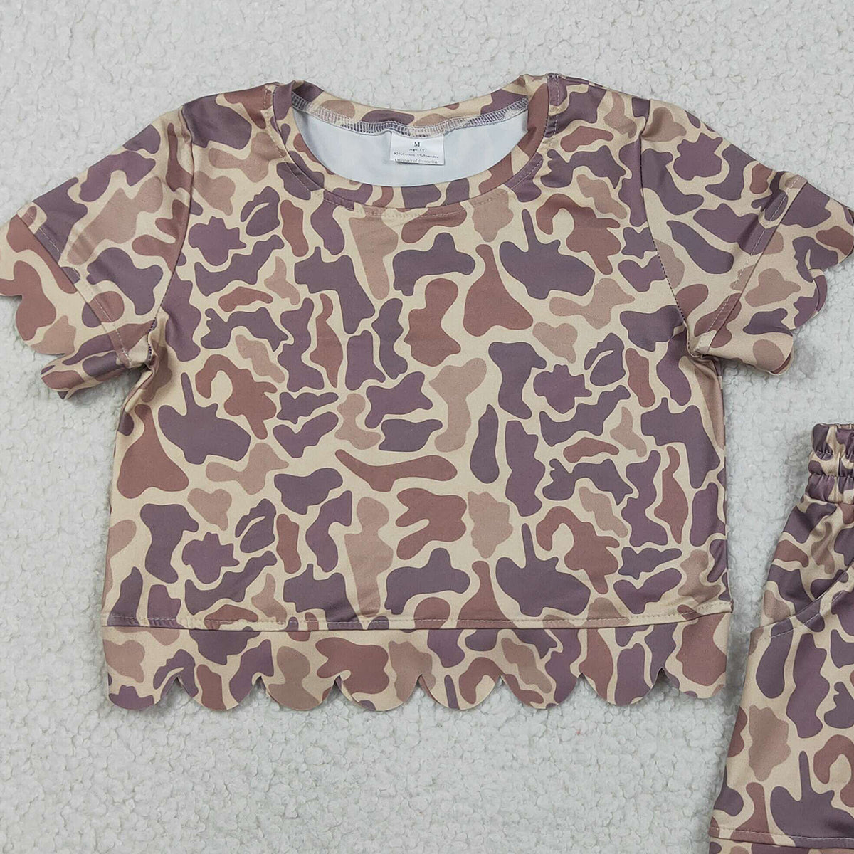 3.30 RTS NO MOQ （In stock）GSSO3227 Khaki camo scallop top shorts girls summer outfit