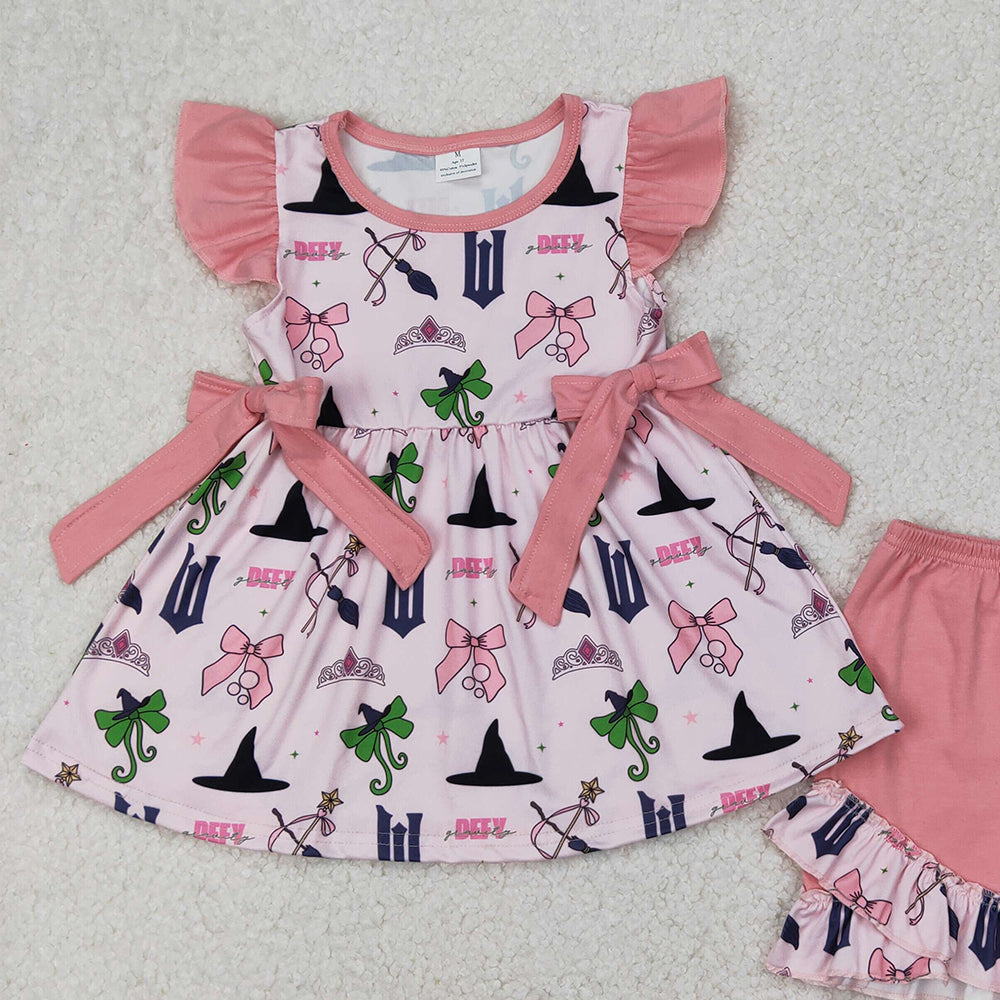4.17 GSSO2006 RTS NO MOQ Cartoon witch hat crown pink lace bow pattern flying sleeve shorts suit