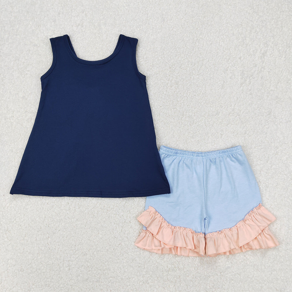 4.30 GSSO2272 RTS NO MOQ Pink bow sleeveless navy tunic shorts girls outfits