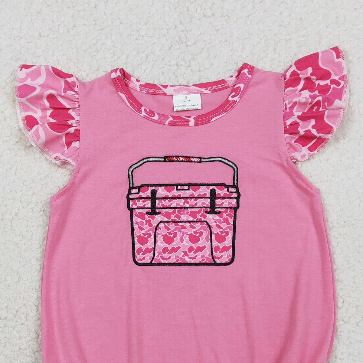 1.19 RTS NO MOQ （In stock）SR3762 Embroidery Pink Camo Boxes Baby Girls Hunting Ruffle Rompers
