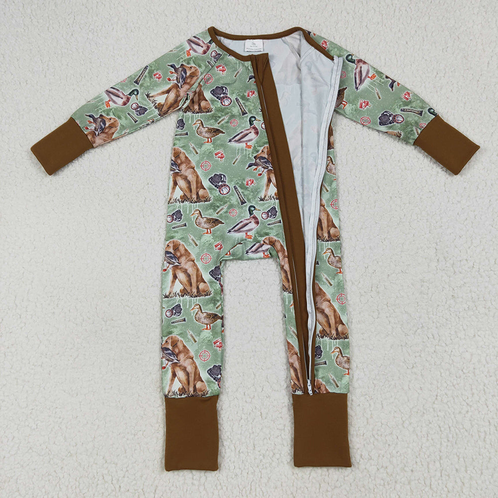 RTS NO MOQ （In stock）LR2234 Baby Boys Winter Rompers Baby Boys Green Dog Ducks Hunting Zipper Footie Rompers