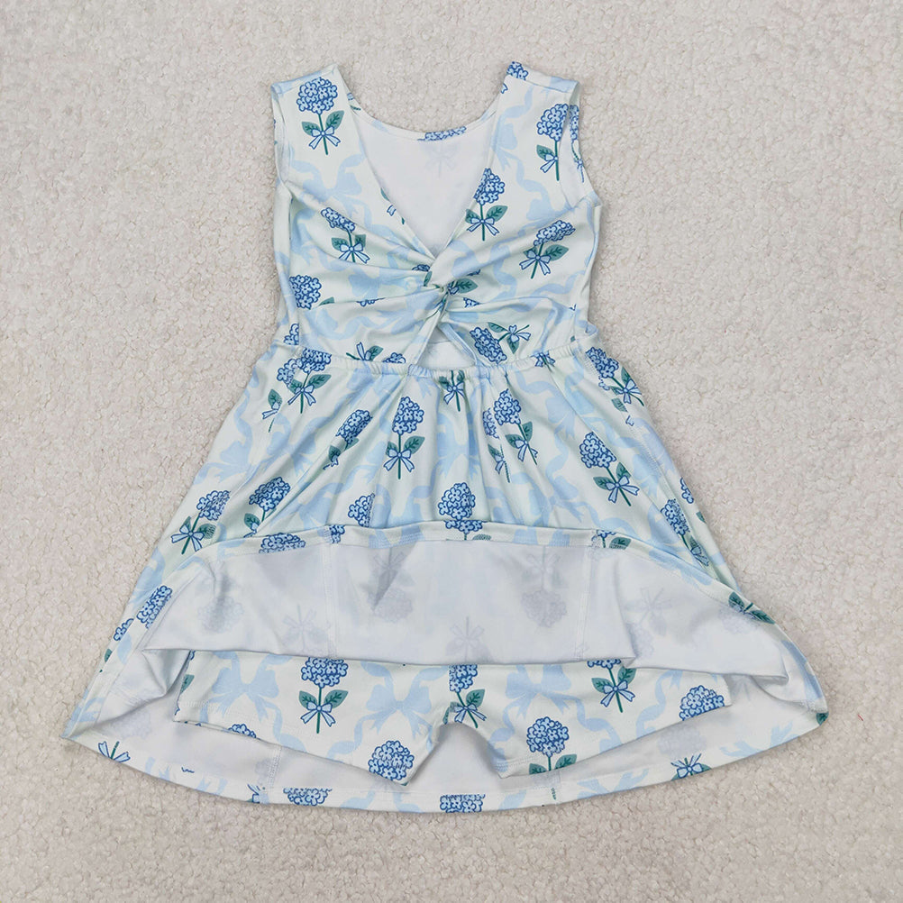 GSD1944 RTS NO MOQ Baby Girls Summer Yoga Dress Sleeveless light blue bow floral baby girls athletic dresses