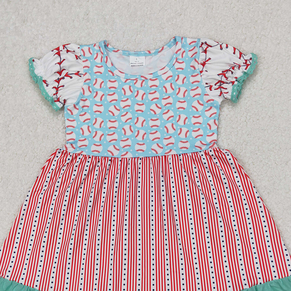 4.08 GSD1749 RTS NO MOQ Baby Girls Summer Dress Aqua Short Ruffle Sleeves Baseballs Print Red Stripe Lace Dresses