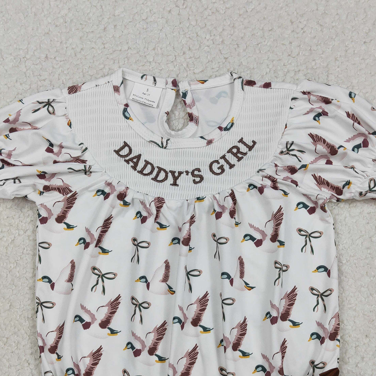 12.16 RTS NO MOQ （In stock）SR3346 Baby Girls Summer Rompers Smocked Daddy's Girl Baby Girls Bows Ducks Hunting Ruffle Rompers