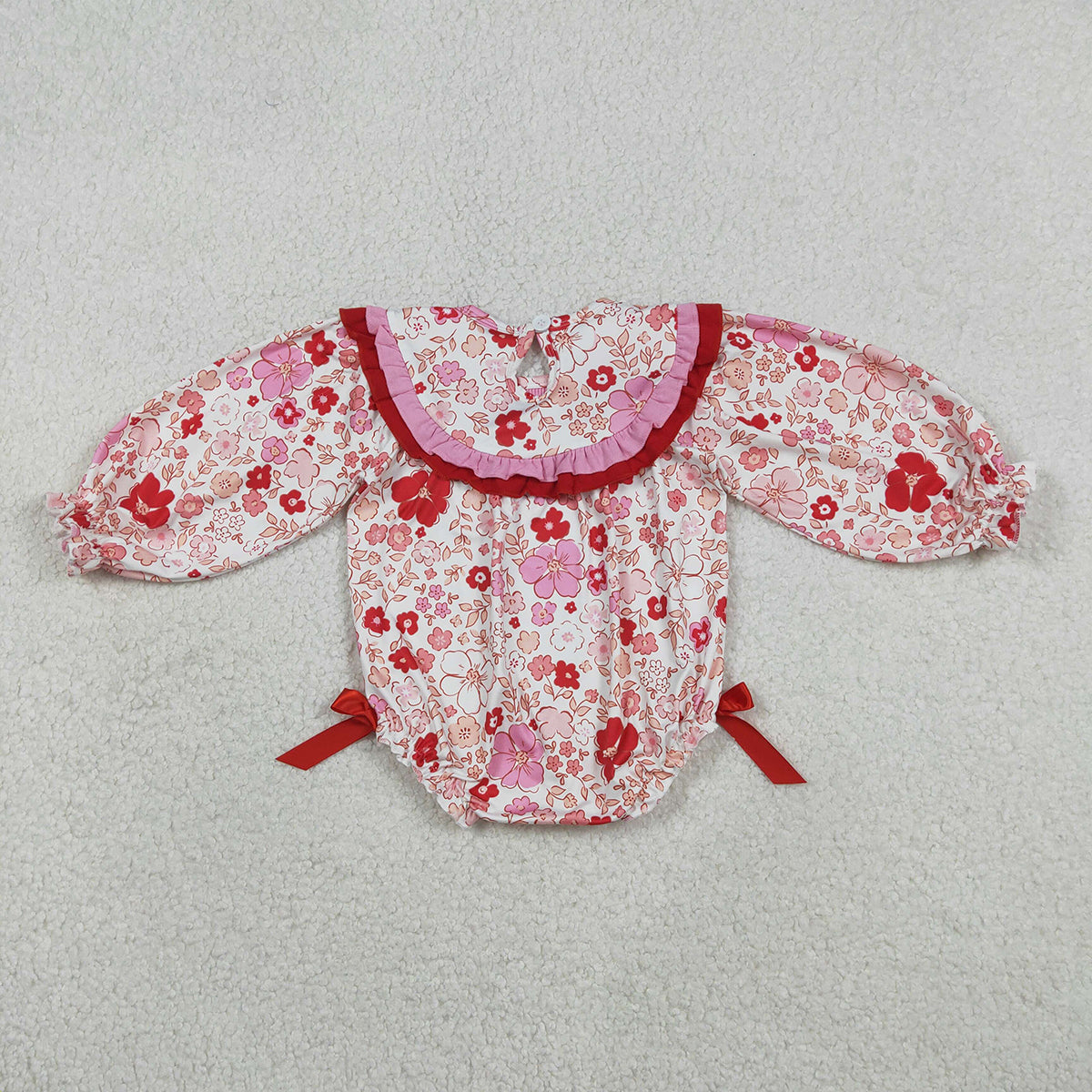 12.29 RTS NO MOQ （In stock）LR2769 Baby Girls Winter Rompers Smocked Jesus Love Me Baby Girls Flowers Ruffle Rompers