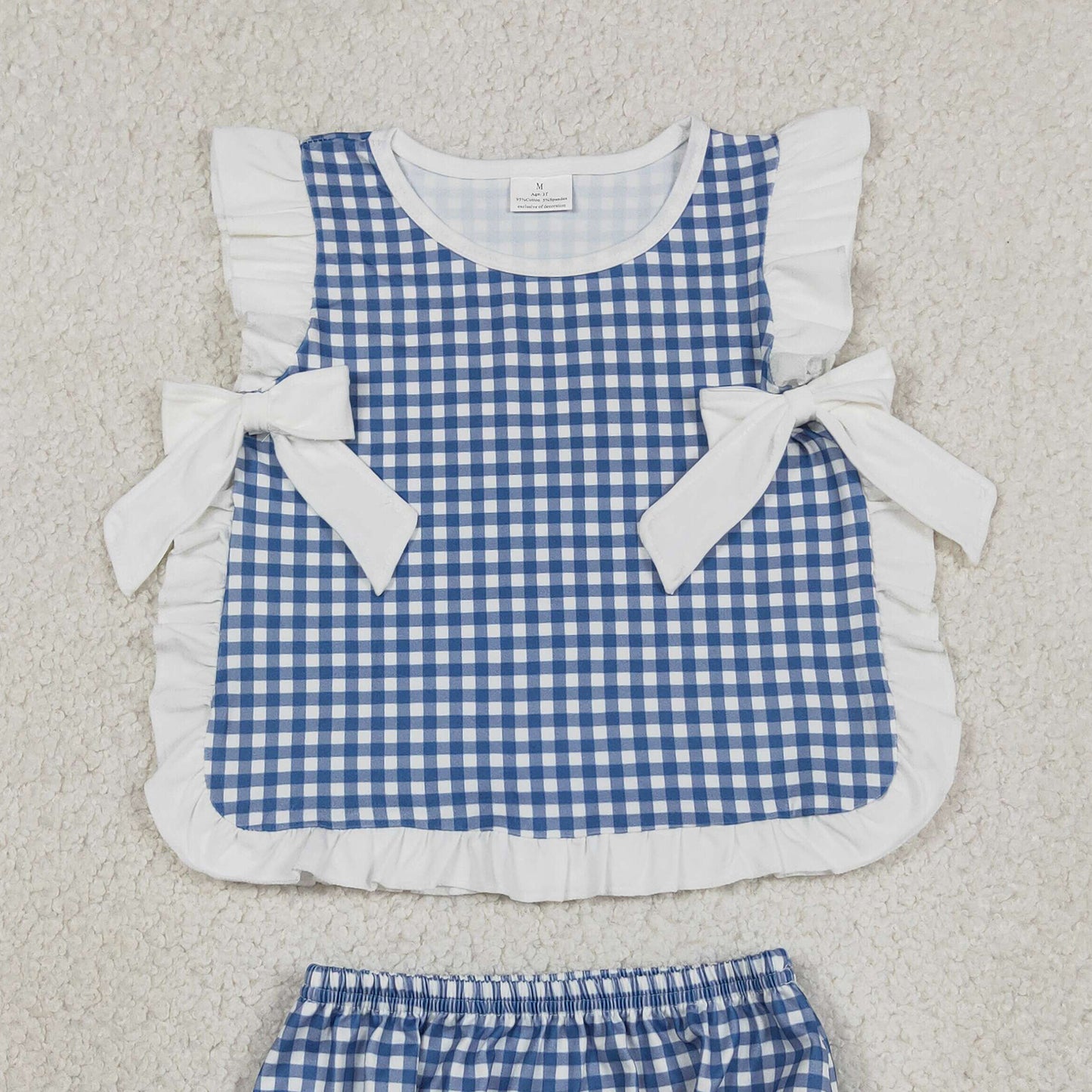 GBO0528 RTS NO MOQ （In stock）Ruffle bow blue plaid baby girls summer bummies set