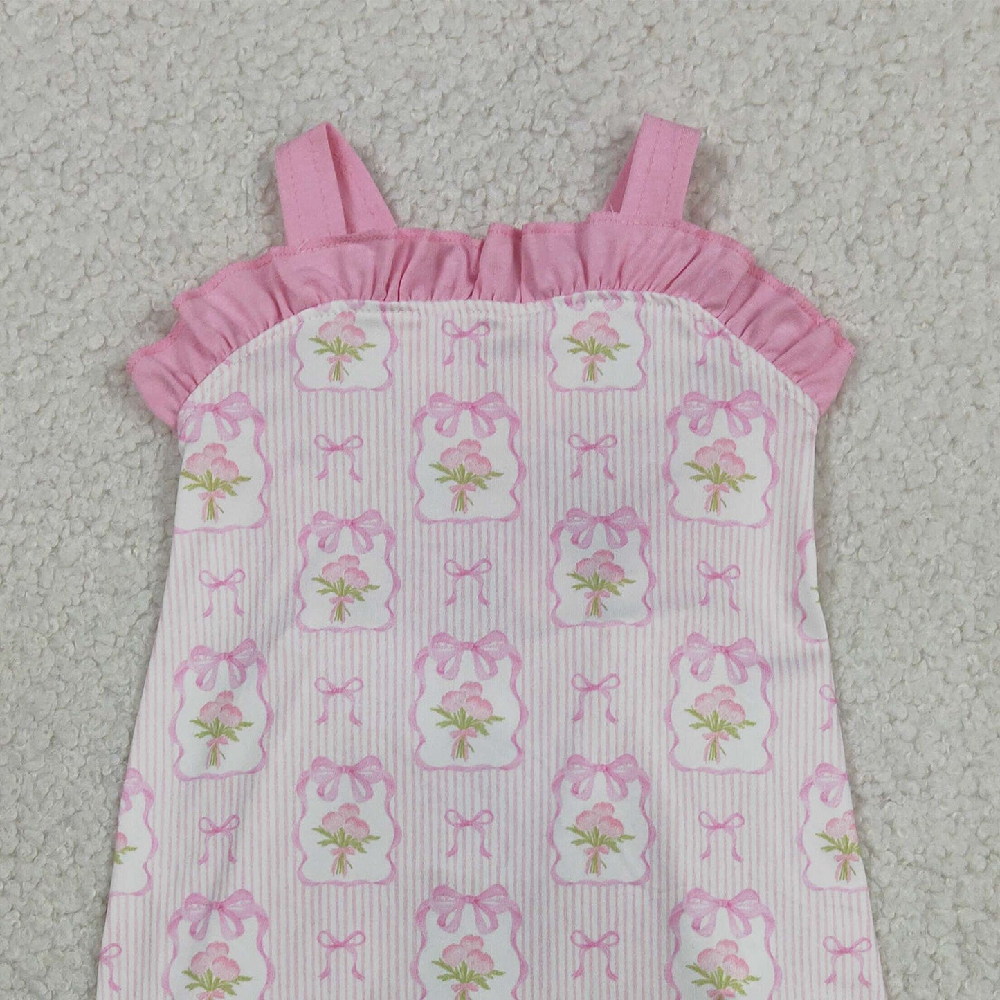 SR4112 RTS NO MOQ （In stock）Pink straps stripe bow floral baby girls summer romper
