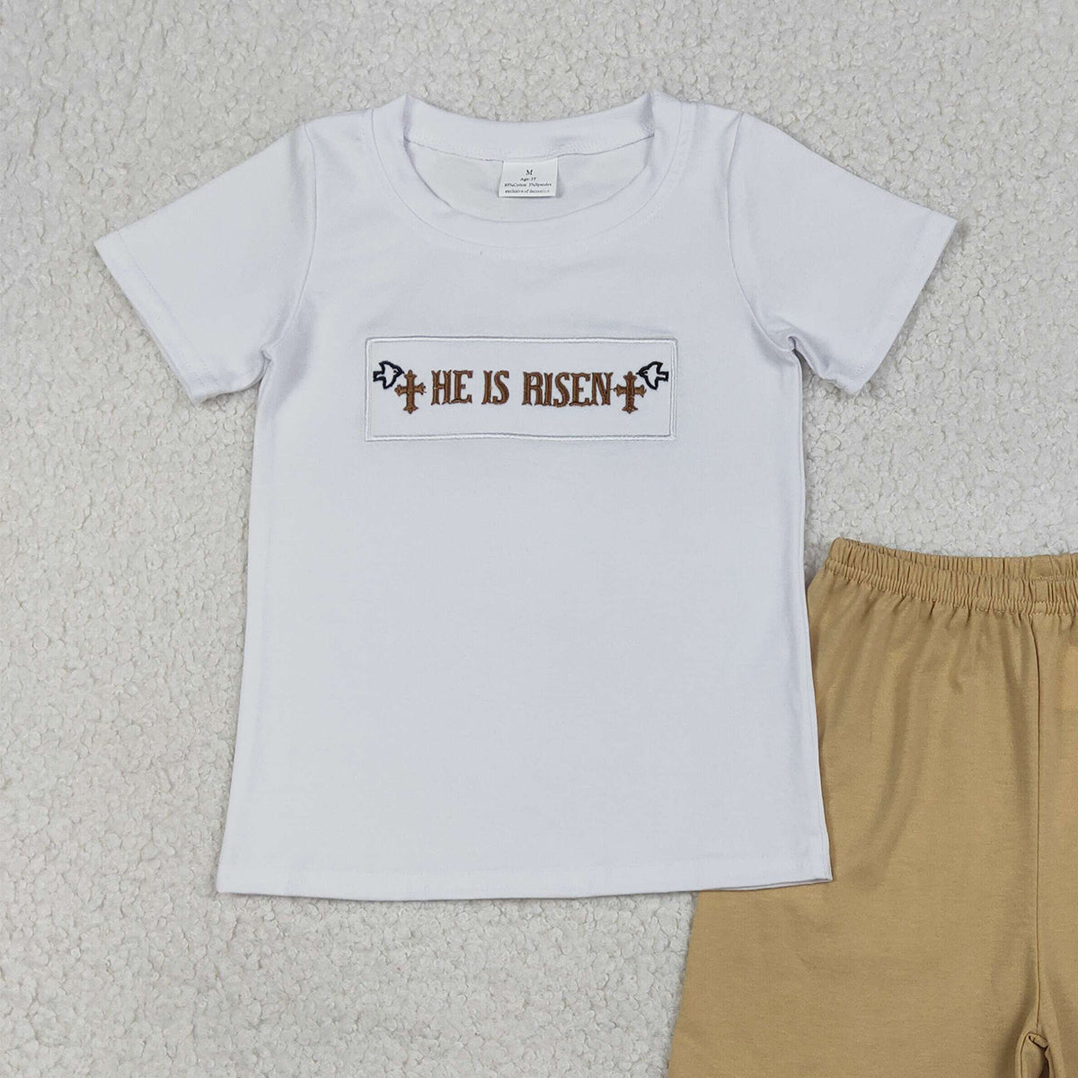 12.24 RTS NO MOQ （In stock）BSSO1674 Embroidery Crosses He is Risen Baby Boys Top Shorts Easter Clothes Sets