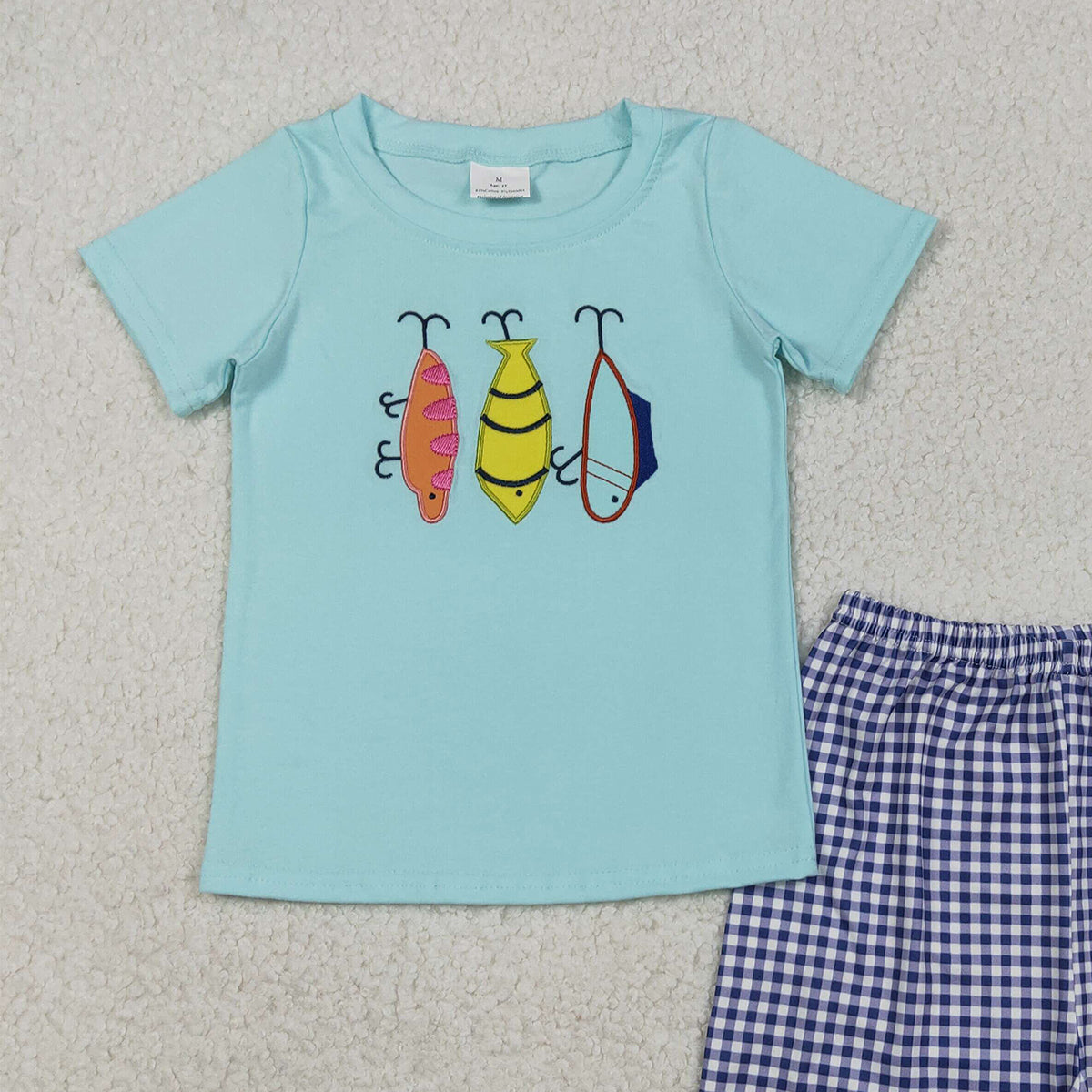 12.4 RTS NO MOQ （In stock）BSSO1628 Embroidery Fishing Baby Boys Top Checked Shorts Hunting Clothes Sets