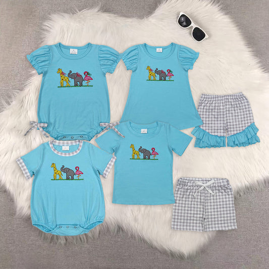 8.16  RTS Sibling Giraffe elephant flamingo top plaid shorts boys clothing rompers