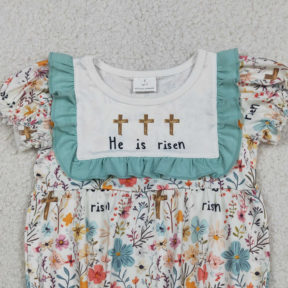 1.21 RTS NO MOQ （In stock）SR3861 Baby Girls Crosses He is Risen Flowers Easter Ruffle Rompers