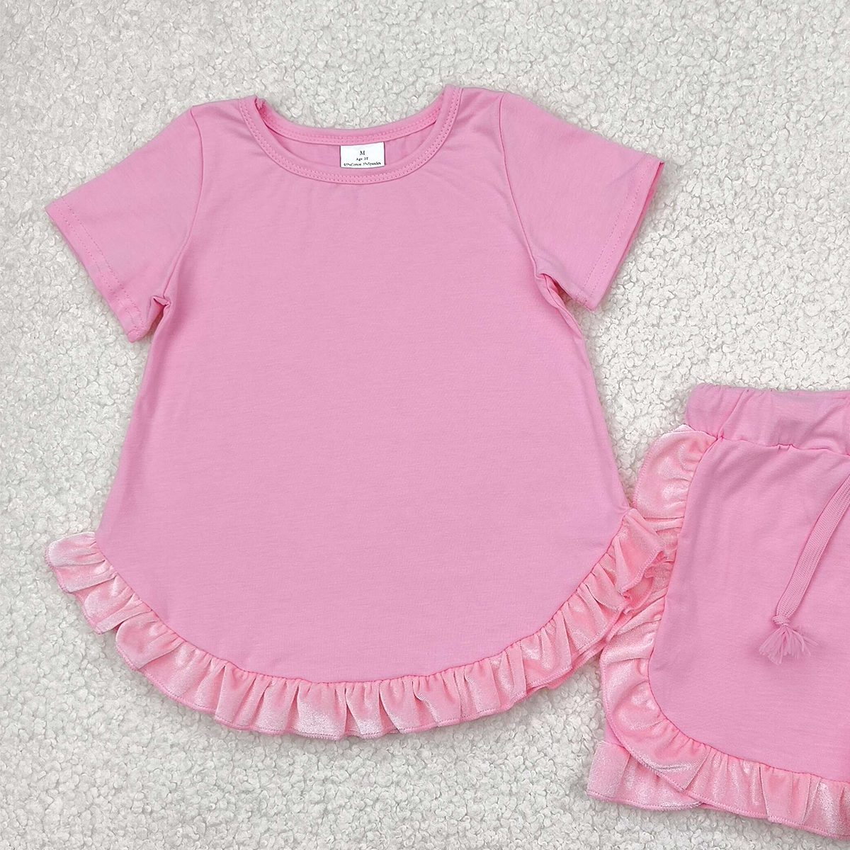 8.20 GSSO2181 RTS NO MOQ Baby Girls Summer Outfits Pure pink lace short-sleeved shorts set
