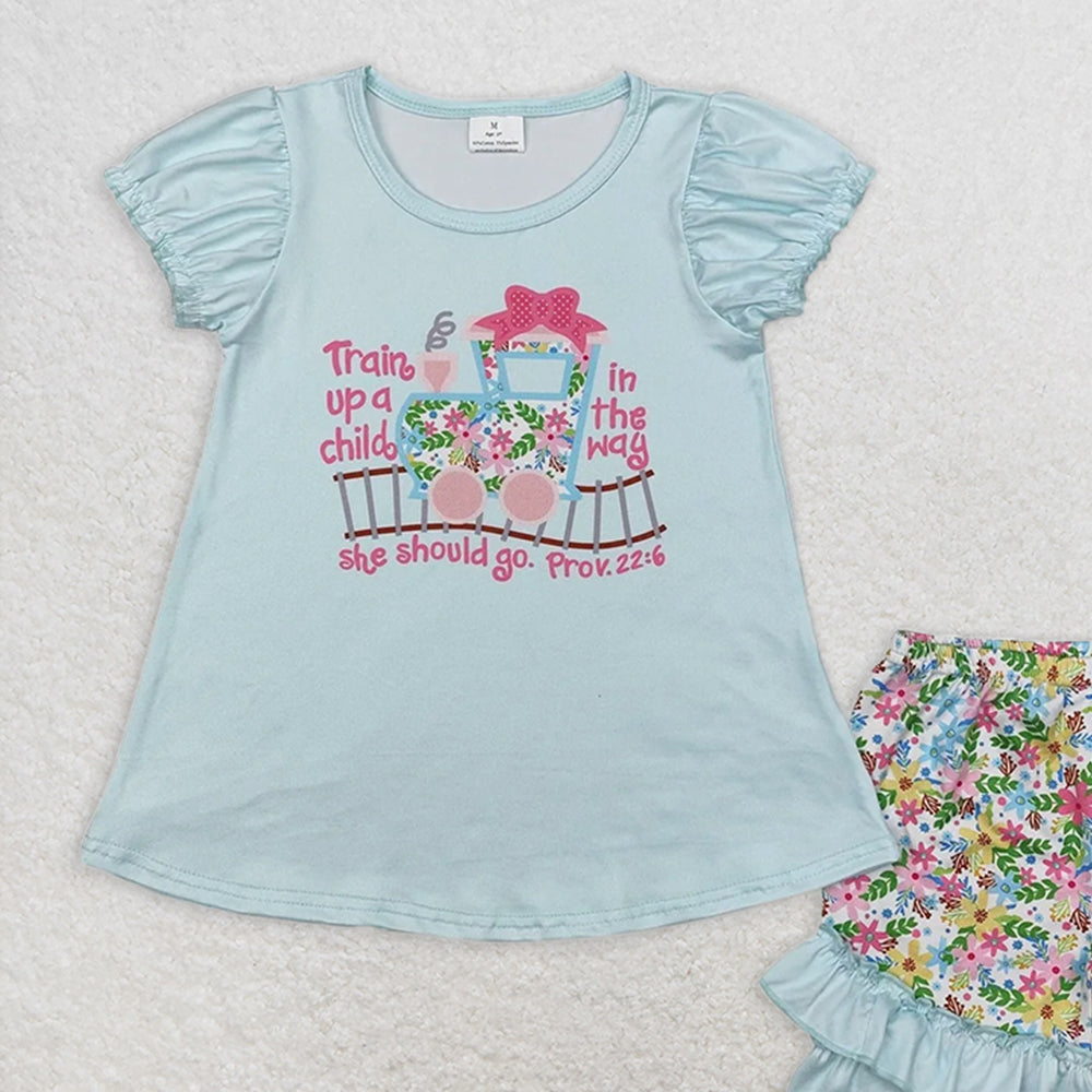 GSSO1643 RTS NO MOQ Baby Girls Summer Outfits  Short sleeves floral train top ruffle shorts girls clothes